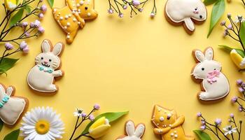 A colorful Easter floral arrangement with an array of gingerbread cookies covered in glaze. photo