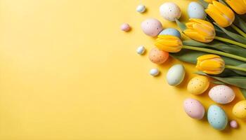 Easter design featuring a yellow backdrop with tulips and colorful eggs photo