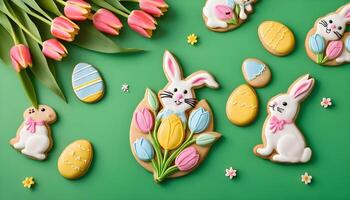 A cheerful card displaying tulips and cookies shaped like Easter bunnies, with a fresh green background. photo