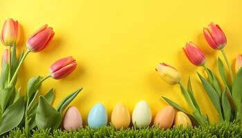 Easter design featuring a bright yellow backdrop, adorned with tulips and colorful eggs. There's space for a banner message. photo