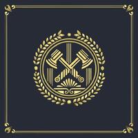 Elegant Golden Emblem with Crossed Hammers and Laurel Wreath Decorative Design vector