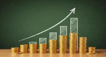 Golden coins stacked on a table with a graph going up photo