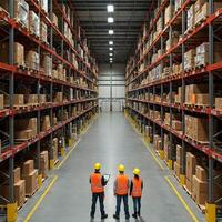 Two workers in a warehouse looking at boxes photo