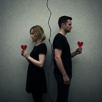 A man and woman standing next to a wall with a heart photo