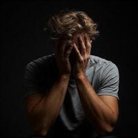 A man sitting on the floor with his hands on his face photo