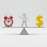 Time and money concept 3d render on scales with alarm clock and dollar sign photo