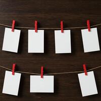 Blank white paper hanging on clothespins on a wooden background photo