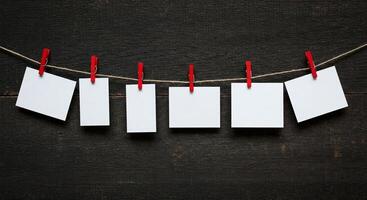 Blank paper hanging on clothesline with red clothespins photo