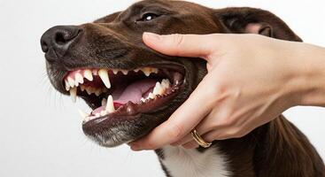 A person holding a dog's mouth open to show its teeth photo