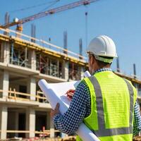 A man in a hard hat and vest holding a blueprint photo