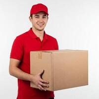 A man in a red shirt holding a box photo