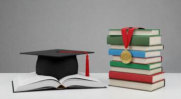 A graduation cap and books on a table photo