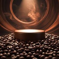 Coffee beans and a round object on a dark background photo
