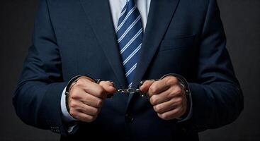 A man in a suit and tie is holding handcuffs photo