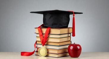 A graduation cap, a red ribbon and an apple on top of a stack of books photo