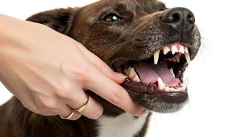 A person is holding a dog's mouth open to show its teeth photo