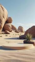 A desert scene with a small round table in the middle photo