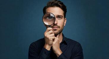 A man is looking through a magnifying glass photo