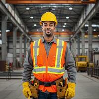 A man in an orange vest and hard hat standing in a factory photo