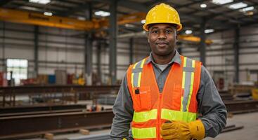 A man in an orange vest and yellow hard hat standing in a factory photo