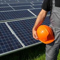 A man in overalls holding an orange hard hat in front of solar panels photo