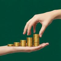 A hand reaching for stacks of gold coins photo