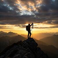 A man with a backpack standing on top of a mountain at sunset photo