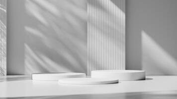 Clean and minimalistic white podiums, designed to highlight products in a sophisticated setting. photo