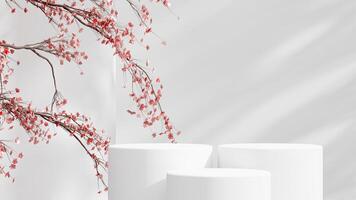 Three white podiums surrounded by subtle pink leaves, ideal for creating a fresh and inviting display environment. photo
