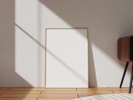 A light wooden frame positioned elegantly on a wooden floor, capturing soft shadows, suitable for displaying personal photographs or artwork. photo