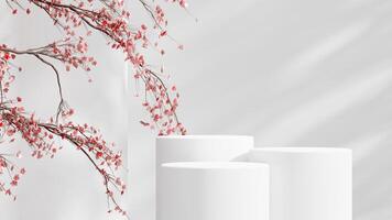Three white podiums adorned with gentle pink foliage, creating a serene backdrop for events and product showcases. photo