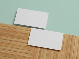 Simple business card mockup on a wooden surface, ideal for presenting minimalist design concepts and layouts. photo