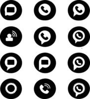 Collection of twelve different black circle icons representing various communication methods such as phone calls, calls, and messaging applications vector