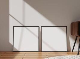 Two elegant black frames side by side in a well-lit space, creating a stylish presentation for artwork or photography, enhancing modern decor. photo