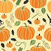 Autumn Harvest Pumpkin Patch Seamless Pattern with Fall Leaves and Gardening Tools vector