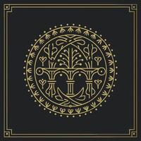 Elegant Gold Linear Art Design Featuring a Tree of Life within a Circular Frame and Ornate Border vector