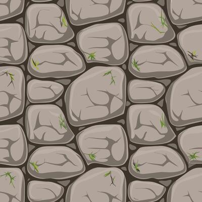 A Seamless Pattern of Gray Cobblestone Texture with Small Green Plants