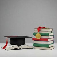 A graduation cap, books and a medal on a table photo