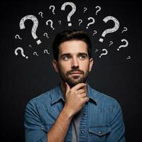 Man with question marks on his head photo
