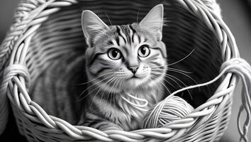 A cat is sitting in a basket with yarn photo