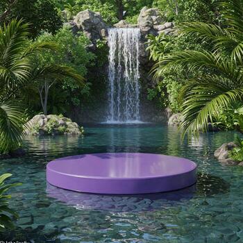 A purple round platform in front of a waterfall photo
