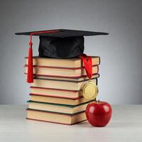 A graduation cap, an apple and a stack of books photo