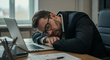 A man in a suit is sleeping on his laptop photo