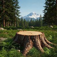 A tree stump in the middle of a grassy field with a mountain in the background photo