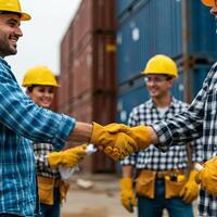 Three men in hard hats shaking hands with a woman photo