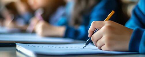Closeup view of student taking test in exam classroom. Focus is on a hand holding pen writing on paper. Copy space for text on left. photo