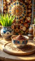 Minimalist Navruz Scene Featuring Sabzi and Intricate Patterns photo