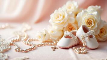 A pair of baby shoes and a bouquet of flowers photo