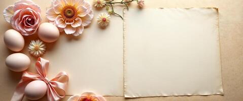 Easter background with flowers and paper photo