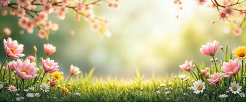 Spring flowers in the grass with sunlight shining through photo